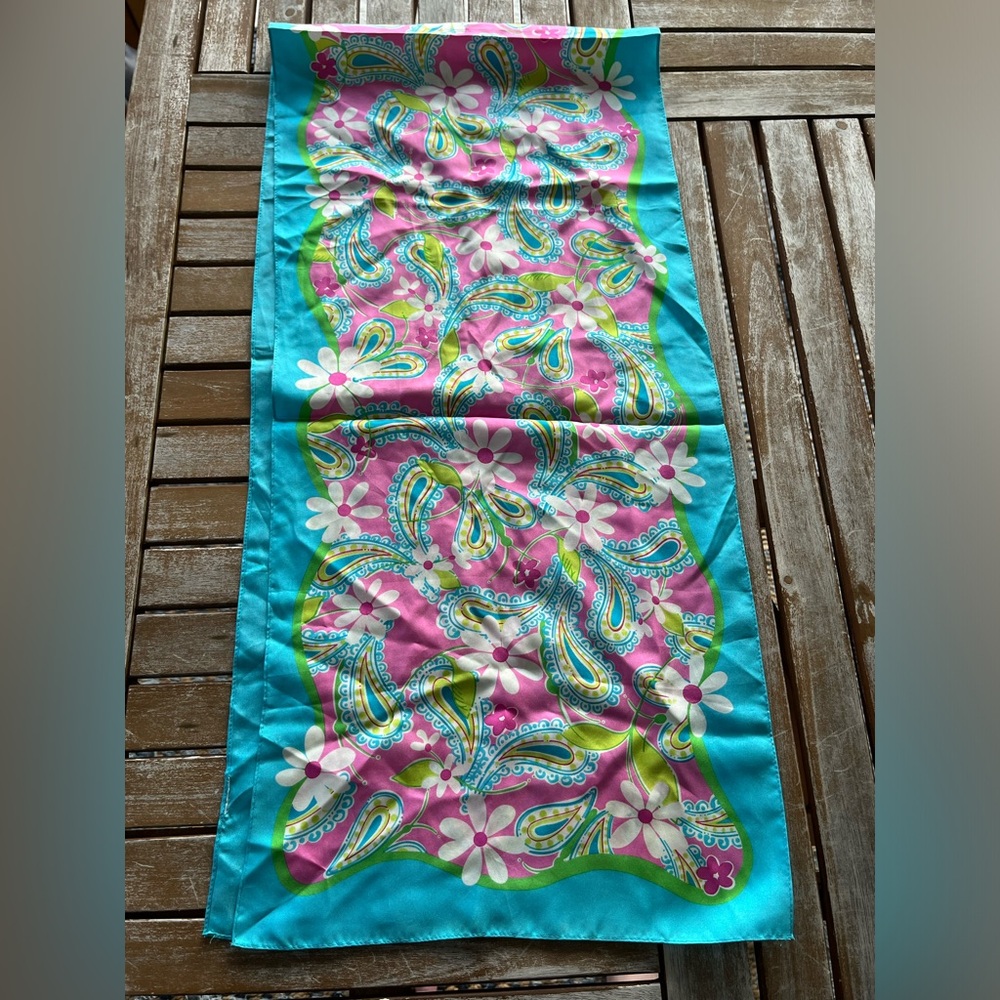 Lilly Pulitzer Floral Paisley Scarf 12.75” X 56” Rectangle Blue Green Pink - Picture 5 of 6